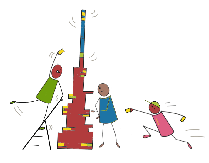 Visuele weergave teamdag met drie figuren die samenwerken aan een hoge toren van rode, gele en blauwe blokken