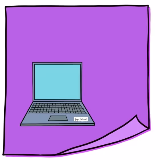 Tekening van een open laptop met blauw scherm en witte signatuur op paarse achtergrond picture post-it 12 inspiratie