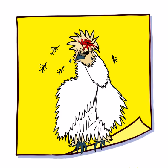 Tekening van kip met bloemig kuifje op geel plakbriefje, veren vallen, thema verdriet en ruimte geven, Picure Post it 17 Ruimte geven