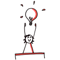 Lijntekening van figuur met opgetilde armen en rode gloeilamp als symbool voor inspiratie in zakelijke illustraties deventer