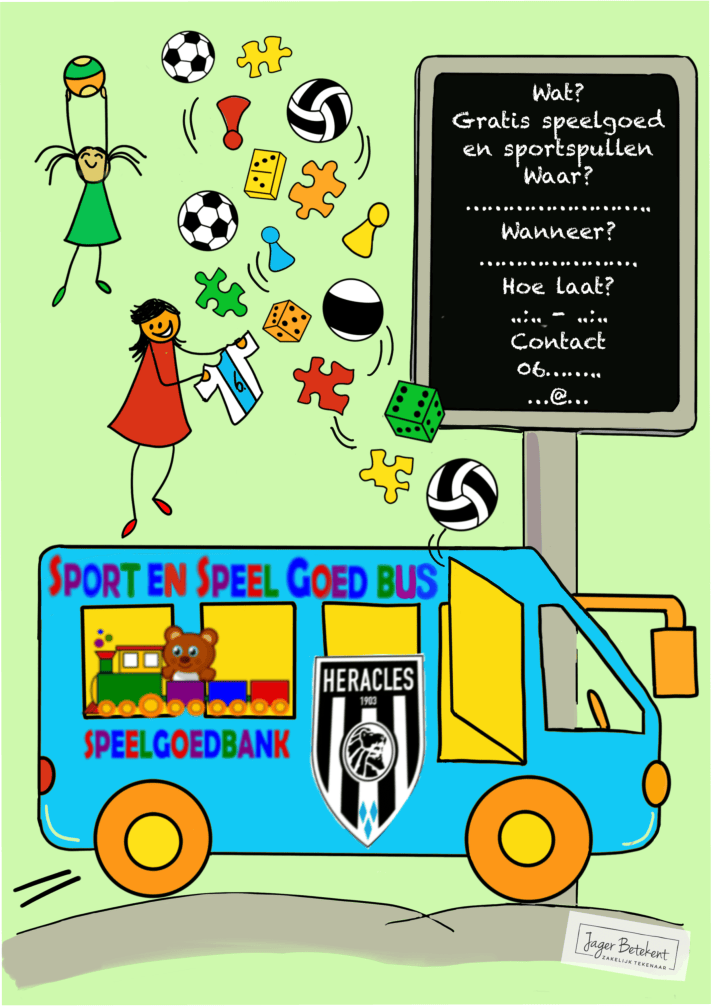 Poster speelgoedbank almelo met illustratie keuze stress en succes pad met pijlen en vinkje