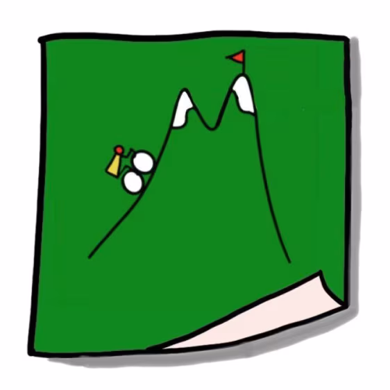 Tekening groene achtergrond bergketen met besneeuwde toppen en rood vlaggetje op top bij picture post-it 2 vakantieberg