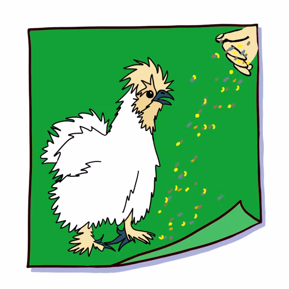 Tekening van witte kip kaatje die vol vertrouwen geel grijs voer ontvangt op groene achtergrond post-it 22 vertrouwen