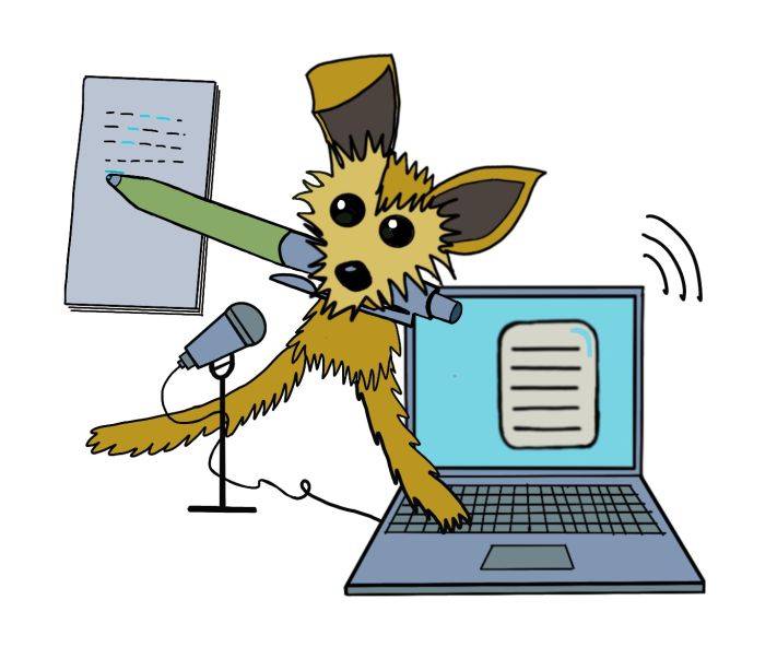 Tekening van harige figuur met groot groen potlood en schrift naast microfoon en laptop met tekstgolven icoon website mirjam hulsebos