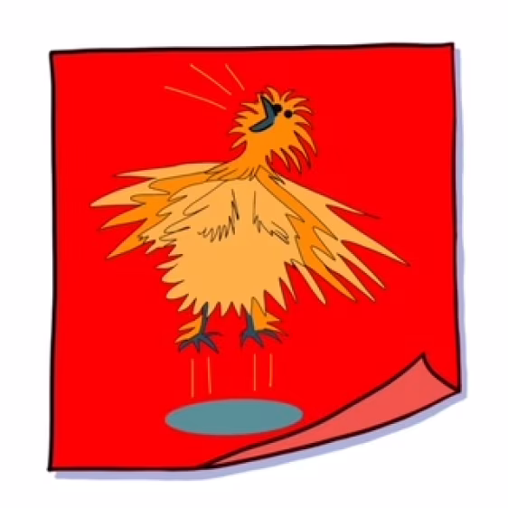 Tekening van vogel in rode achtergrond met opgaande houding en ovale schaduw symboliseert opstaan vooruitgang en bevrijding picture post-it 8 lichaamstaal