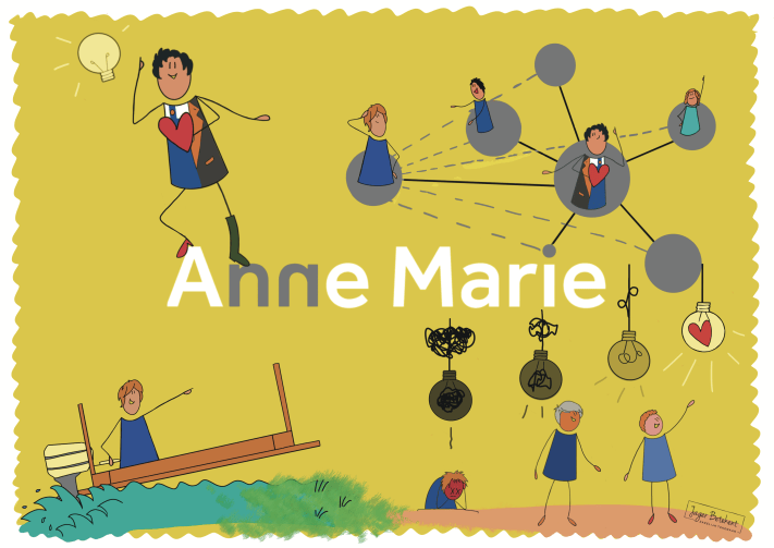 Bedrijfsillustratie anne marie met lichtbol, hart en netwerk symboliseert verbinding, inspiratie en creativiteit