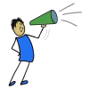 Tekening van gestileerde figuur met megafoon die geluidsgolven uitzendt illustratie communicatie tekeningen